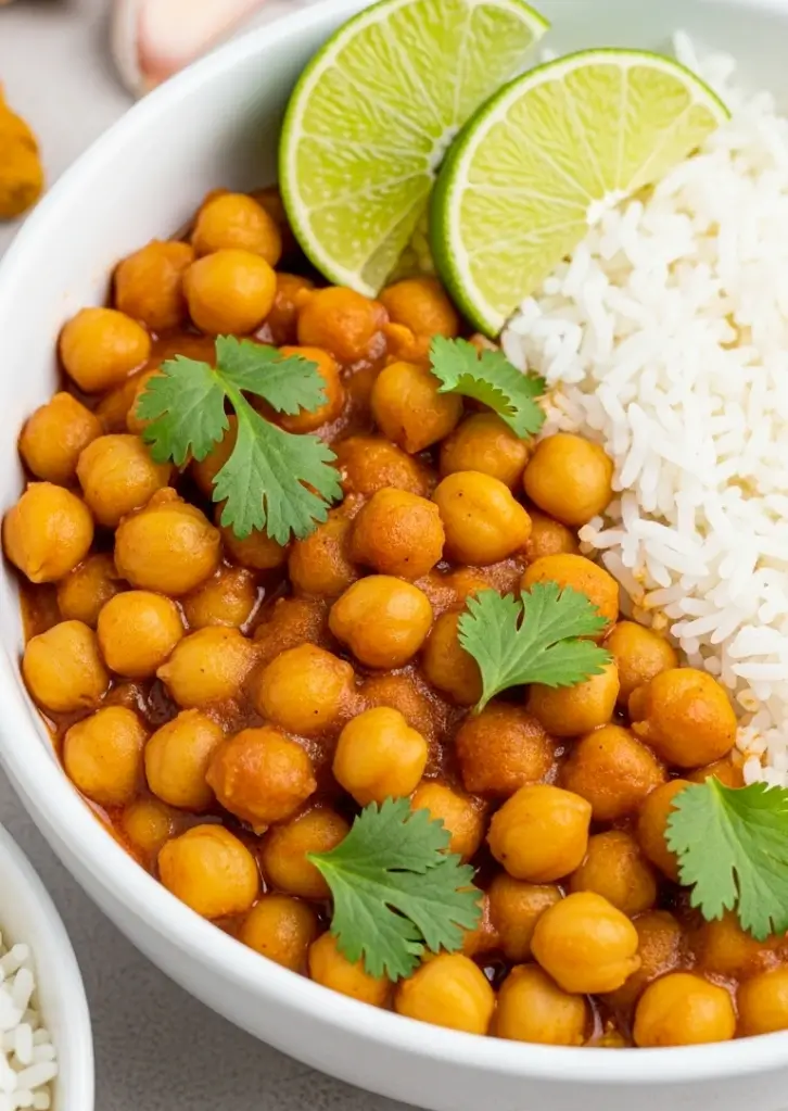 Close-up of Express Chickpea Curry with rice, lime wedges, and cilantro in a white bowl