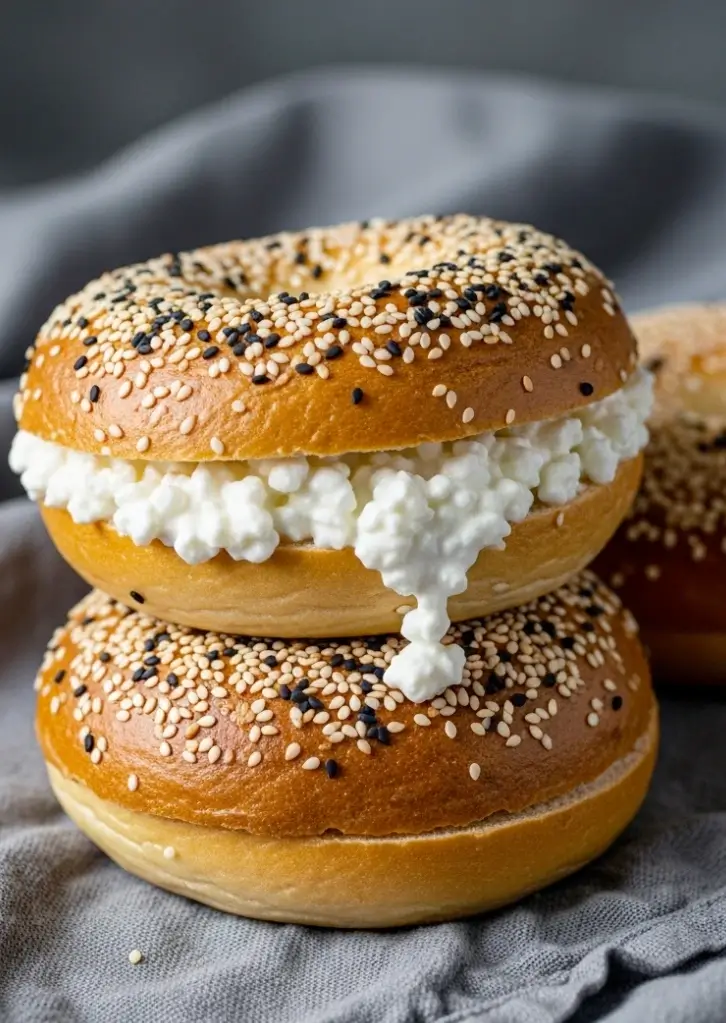 Stacked cottage cheese bagels filled with fresh cottage cheese