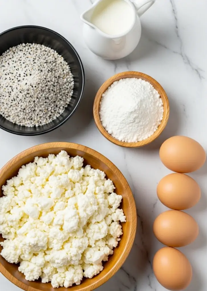 Ingredients for cottage cheese bagels on marble surface