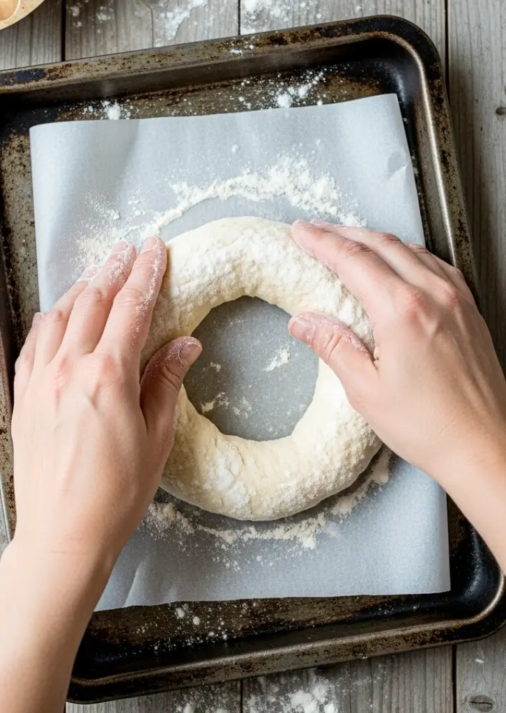 Shaping cottage cheese bagel dough by hand on parchment