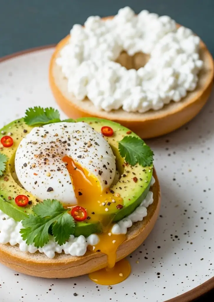 Cottage cheese bagel topped with avocado and poached egg
