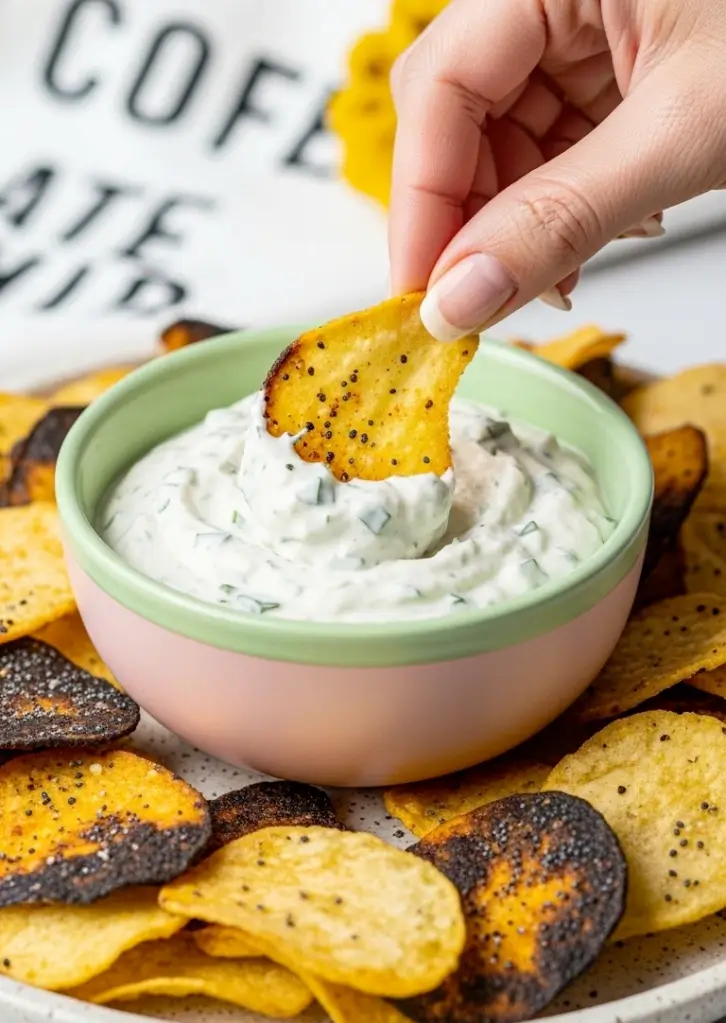 Hand dipping Air Fryer Cottage Cheese Chip into creamy herb dip