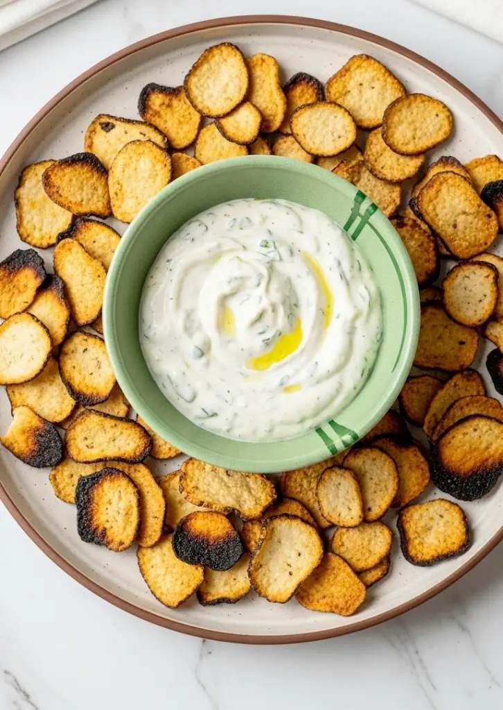 Plate of Air Fryer Cottage Cheese Chips with herb yogurt dip in green bowl