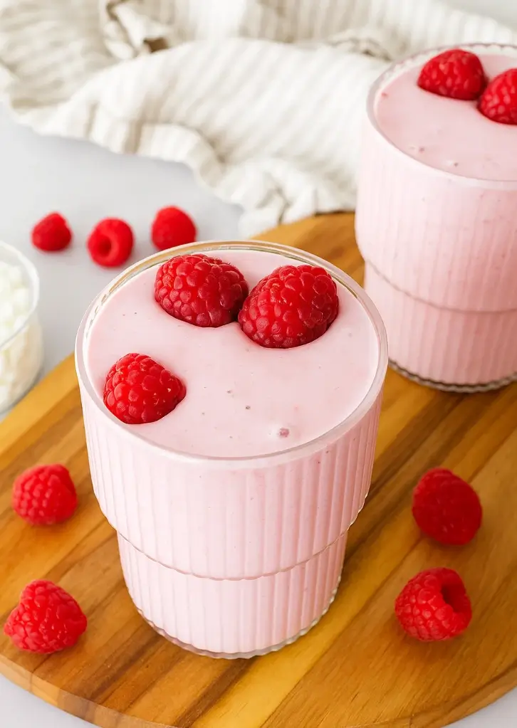 Creamy cottage cheese smoothie topped with raspberries