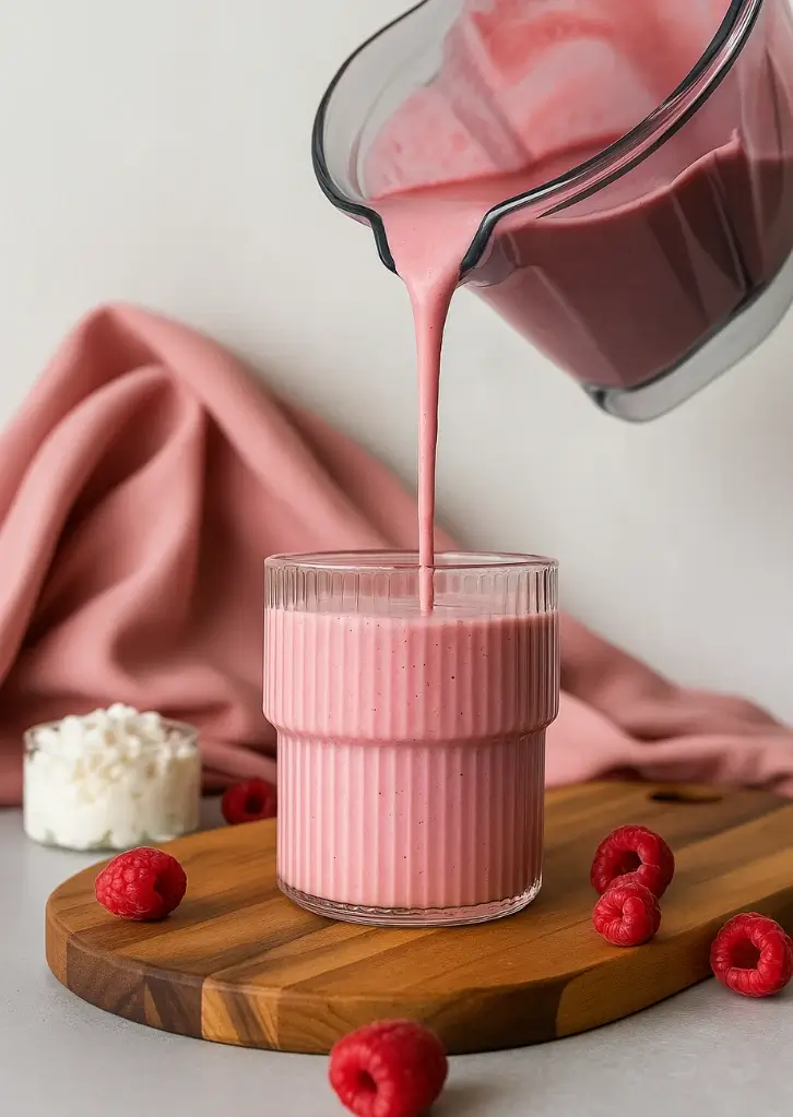 Pouring cottage cheese smoothie from blender into a glass
