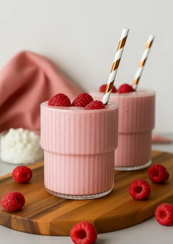 Raspberry cottage cheese smoothie in glasses with straws