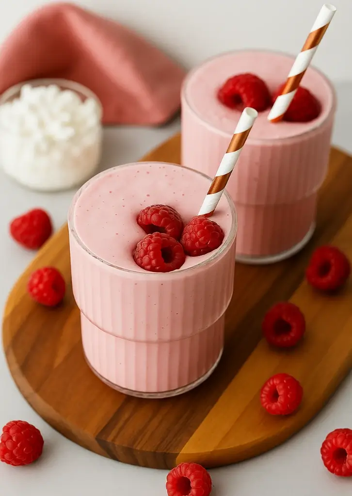 Close-up of cottage cheese smoothie with fresh raspberries