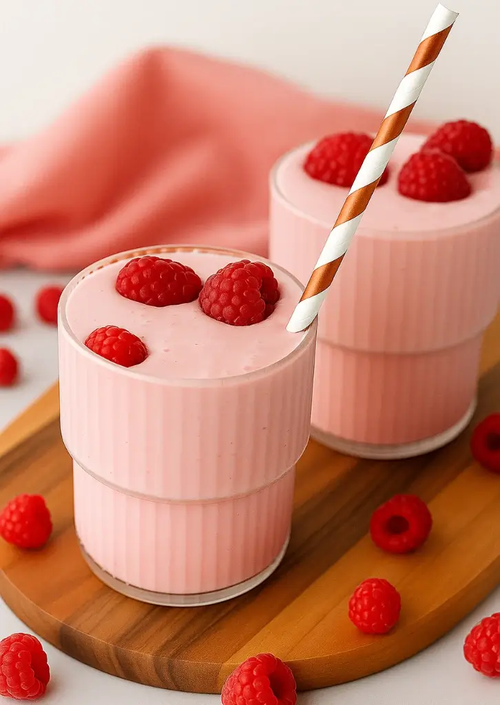 High protein cottage cheese smoothie served on a wooden board