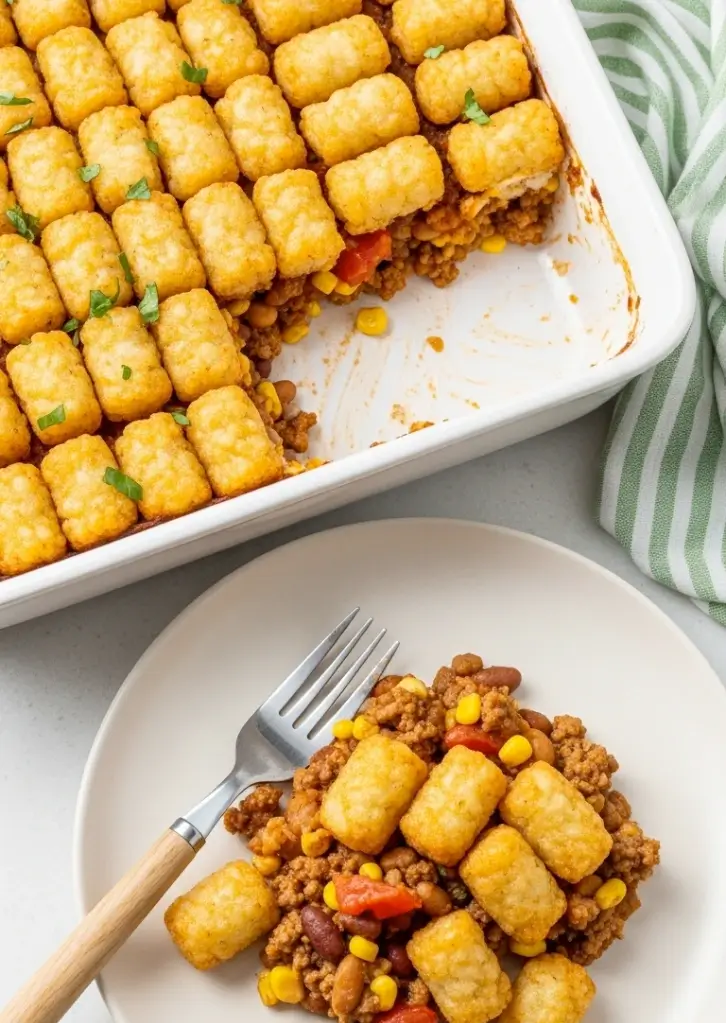 Plated cowboy casserole with tater tots and beef filling