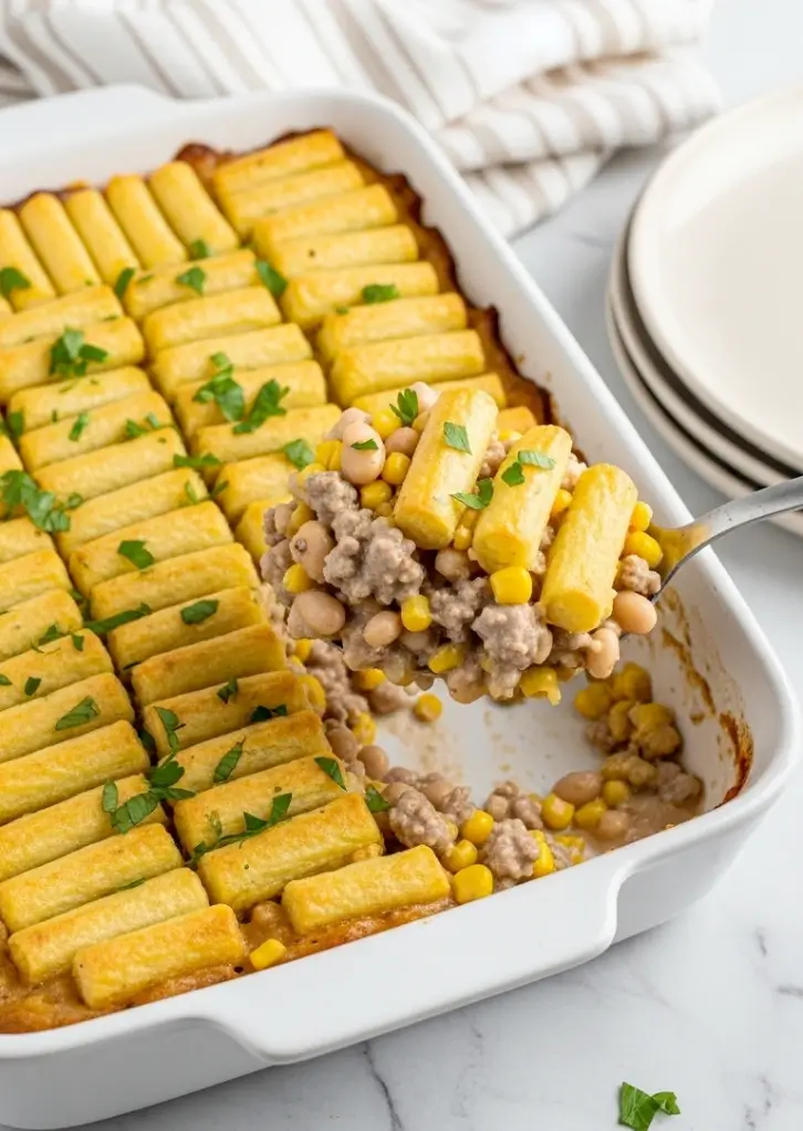 Cowboy casserole with white beans, corn, and tater tots
