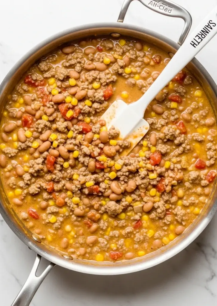 Cowboy casserole filling with beef, beans, corn, and tomatoes in skillet
