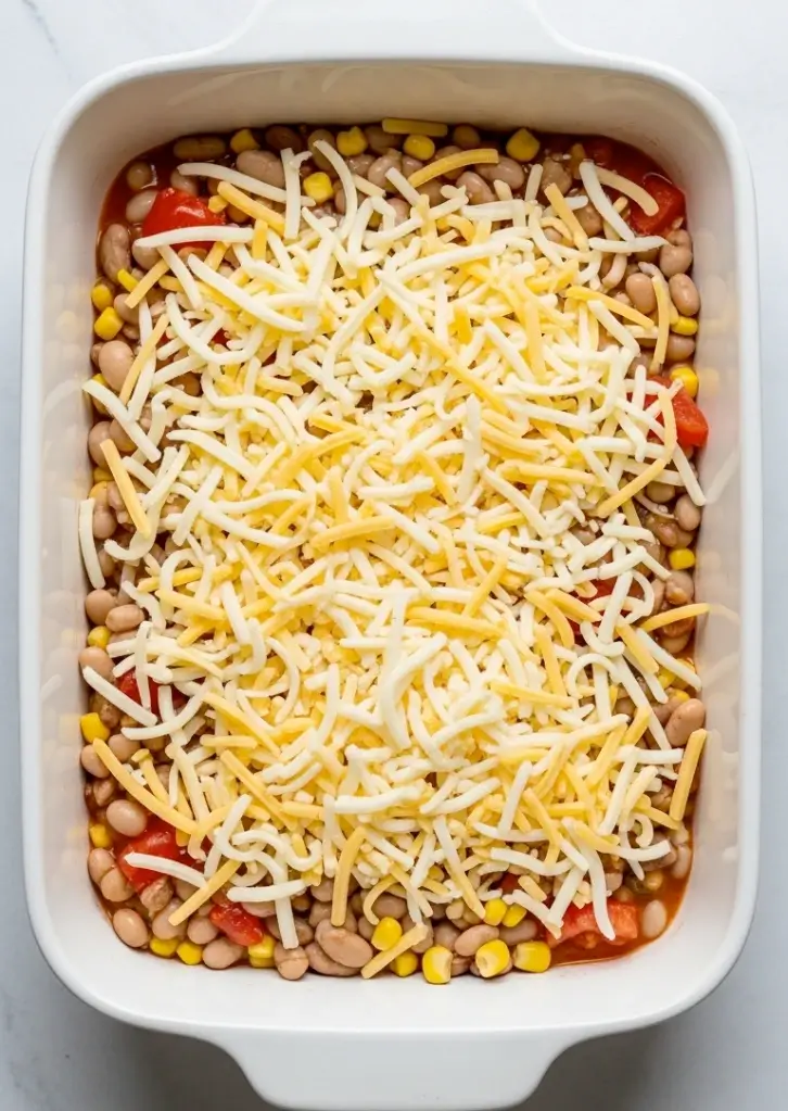 Cowboy casserole layer of cheese, beans, and corn in white dish