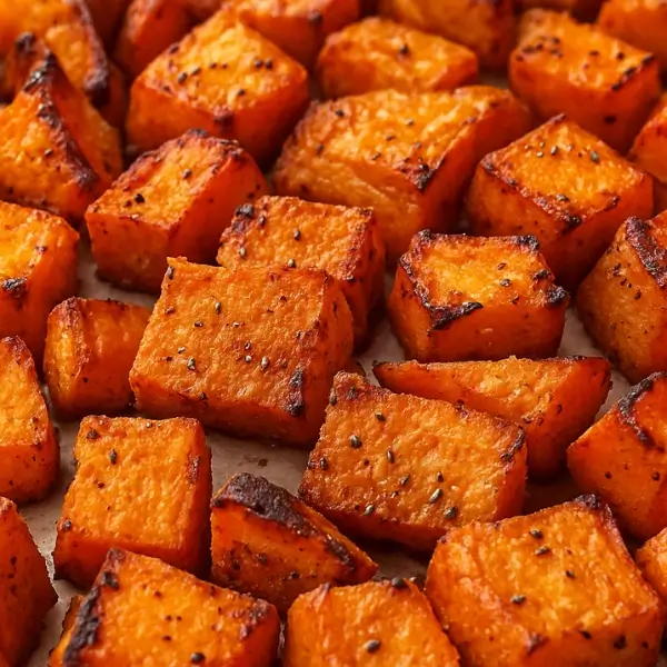 Crispy roasted sweet potatoes fresh from the oven