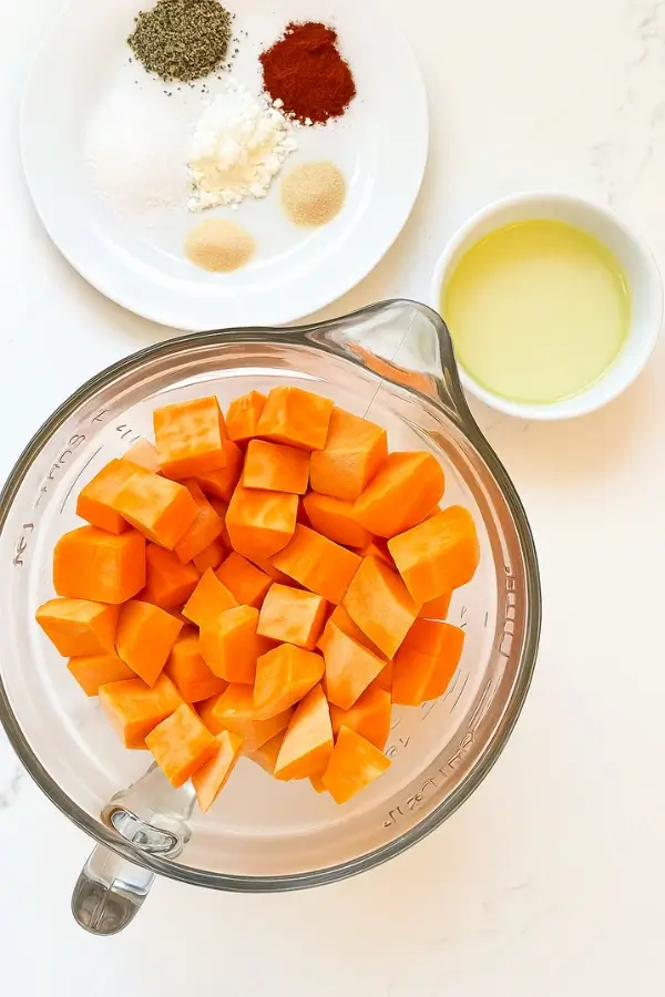 Sweet potato cubes with olive oil and seasonings ready to roast