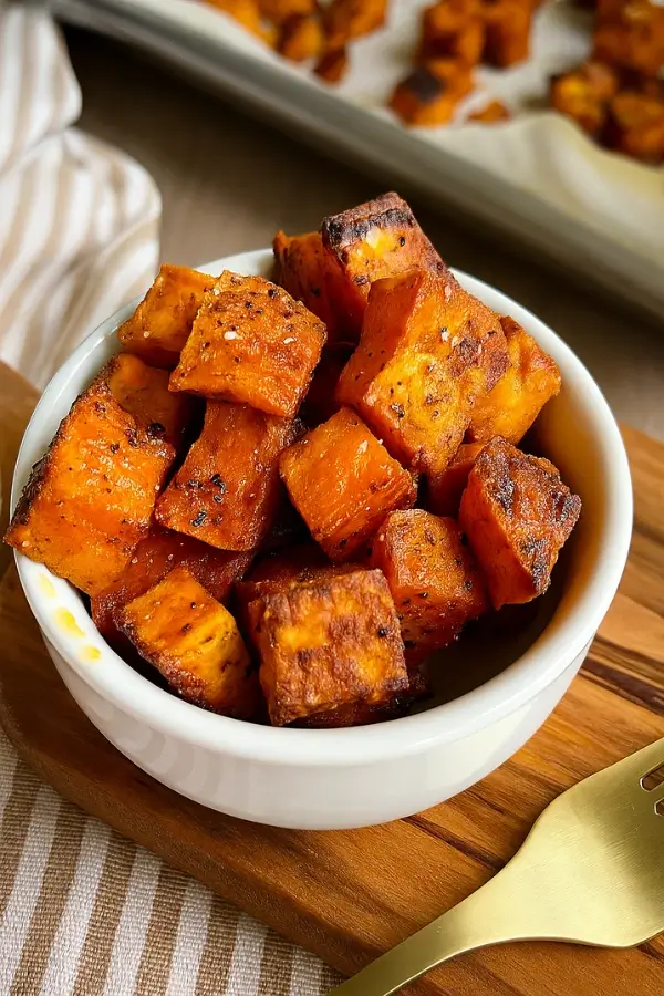 Crispy roasted sweet potatoes served in a white bowl
