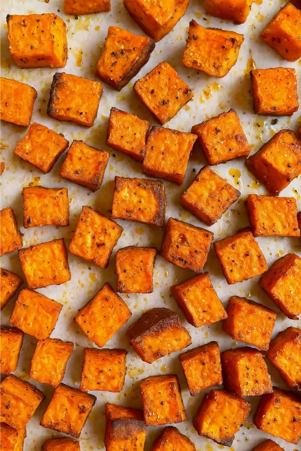 Crispy roasted sweet potatoes on baking paper