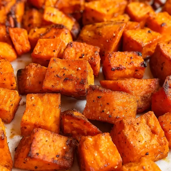 Close-up of seasoned crispy roasted sweet potato chunks