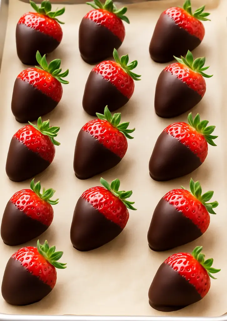 dark chocolate covered strawberries on parchment