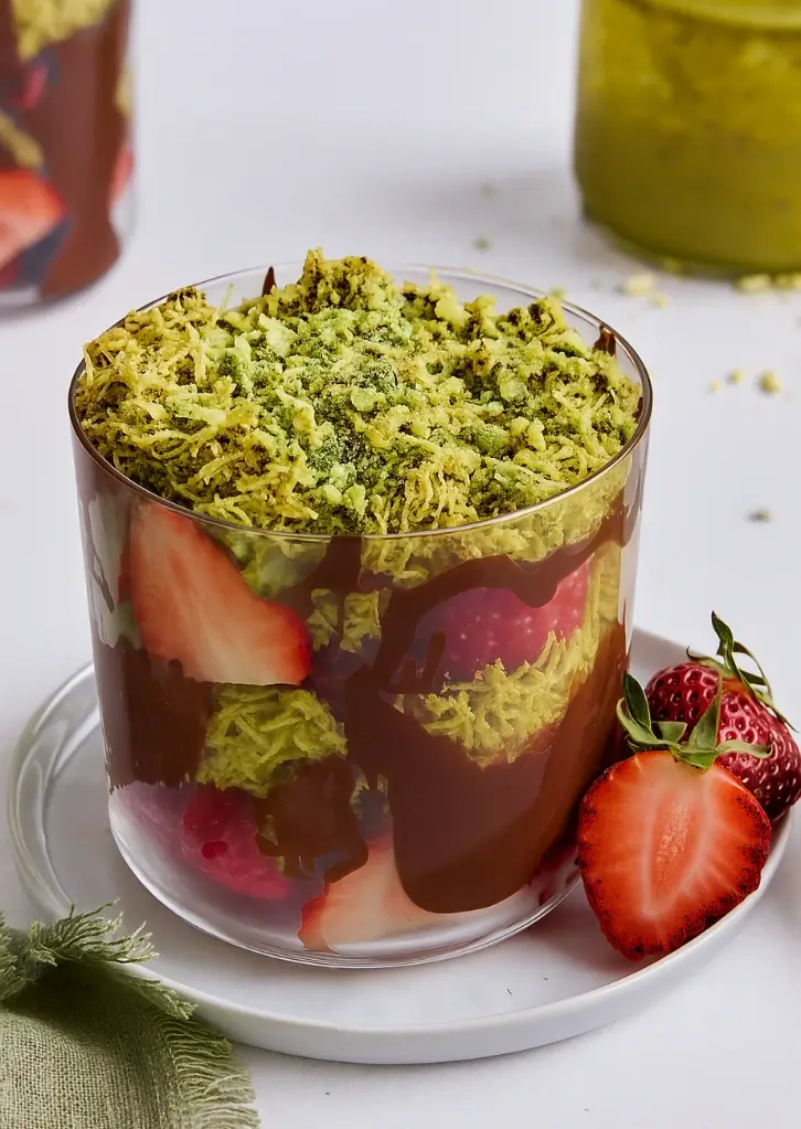 Dubai chocolate strawberries layered with pistachio and chocolate in a dessert cup