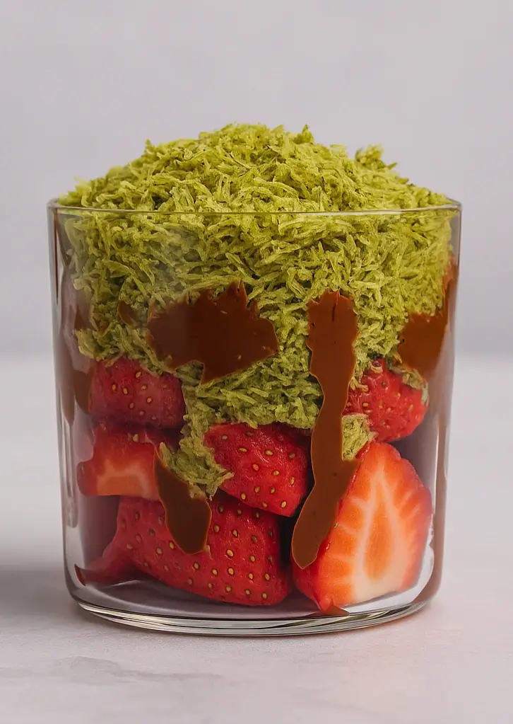 Layered dessert cup with strawberries, kataifi, and chocolate