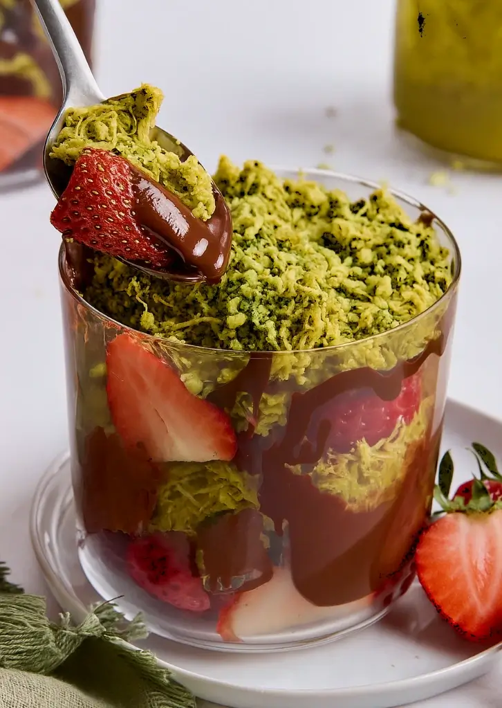 Spoonful of Dubai chocolate strawberries with kataifi and melted chocolate