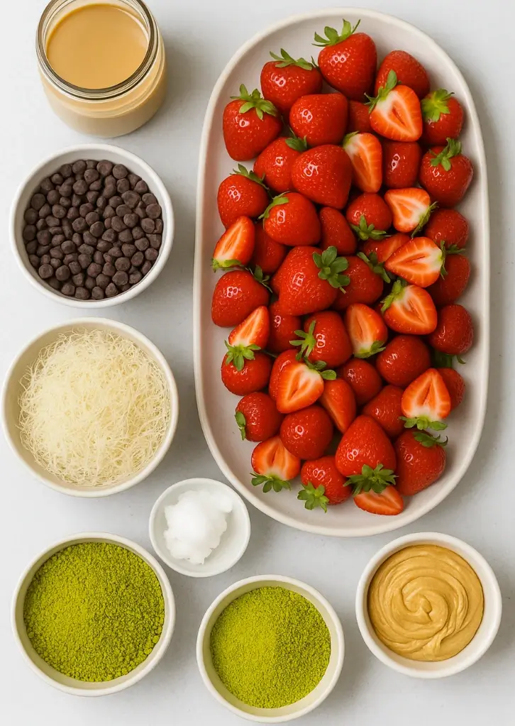 Flat lay of ingredients for Dubai chocolate strawberries