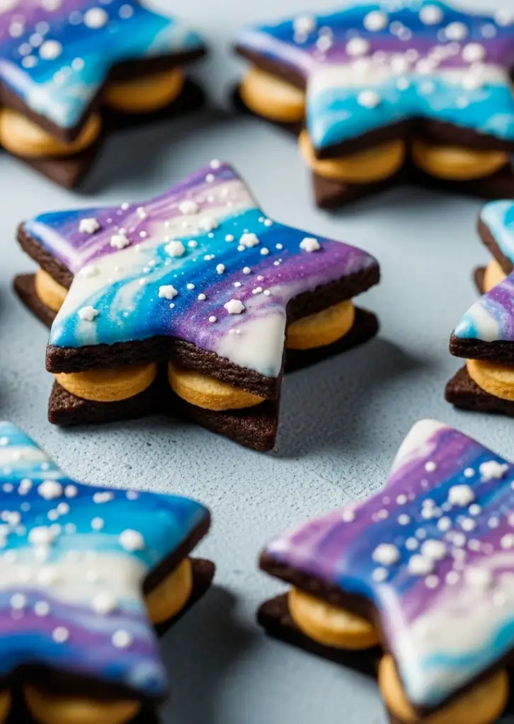 Chocolate sandwich cookies with galaxy glaze and vanilla cream filling