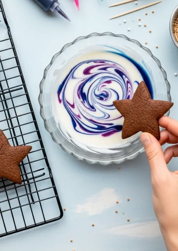 Dipping chocolate cookie into marbled galaxy icing