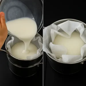 Steaming garaetteok batter in parchment-lined pan