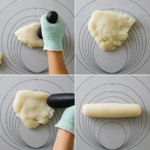 Pounding and shaping rice cake dough into cylinder