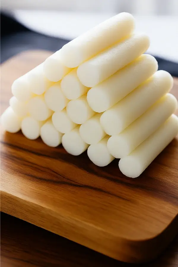 Neatly stacked Korean rice cakes on wooden board