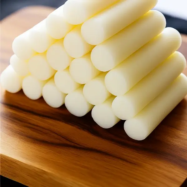 Side view of fresh Korean rice cakes stacked neatly