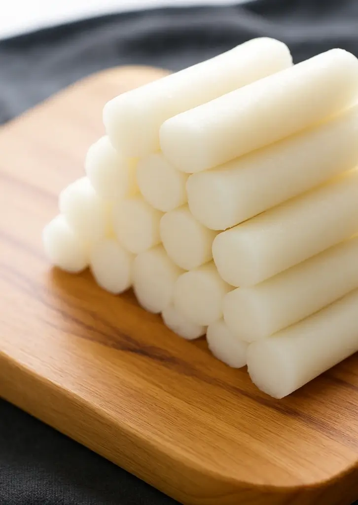 Homemade Korean rice cake cylinders stacked on wooden board