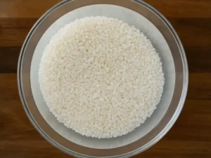 Short grain rice soaked in a bowl for Korean rice cake