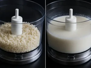 Before and after grinding rice in food processor for rice cakes
