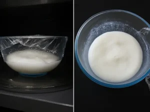 Rice cake dough in bowl after microwave cooking