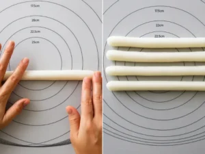 Hands rolling rice cake into long cylindrical shapes