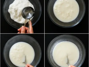 Mixing rice flour with hot water for garaetteok dough