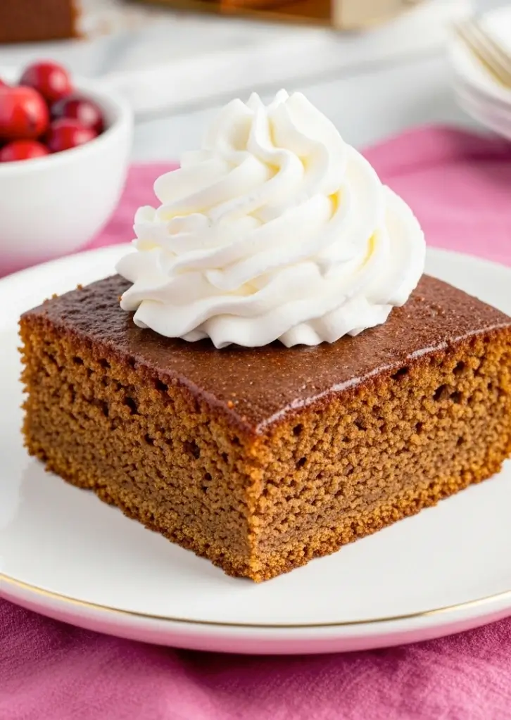 Slice of moist gingerbread cake with whipped cream and cranberries