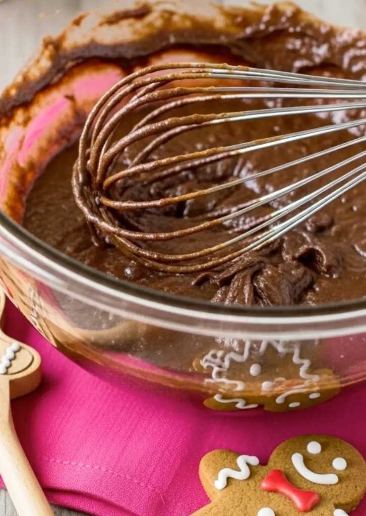 Mixing gingerbread batter in a bowl with a whisk