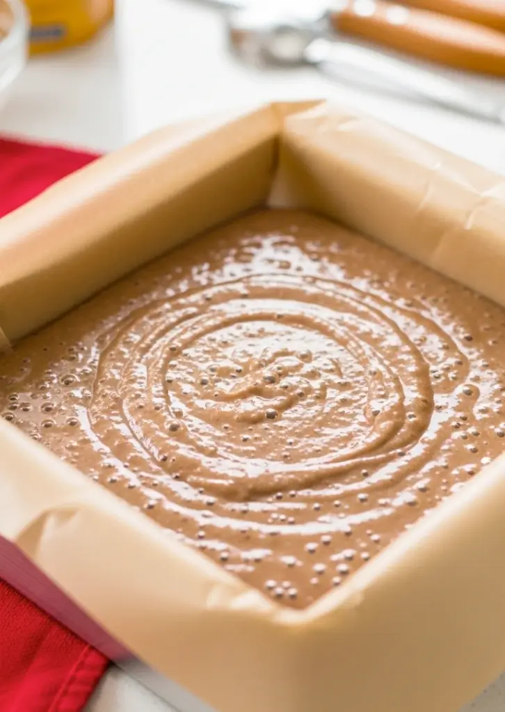 Gingerbread batter in a parchment-lined square baking pan