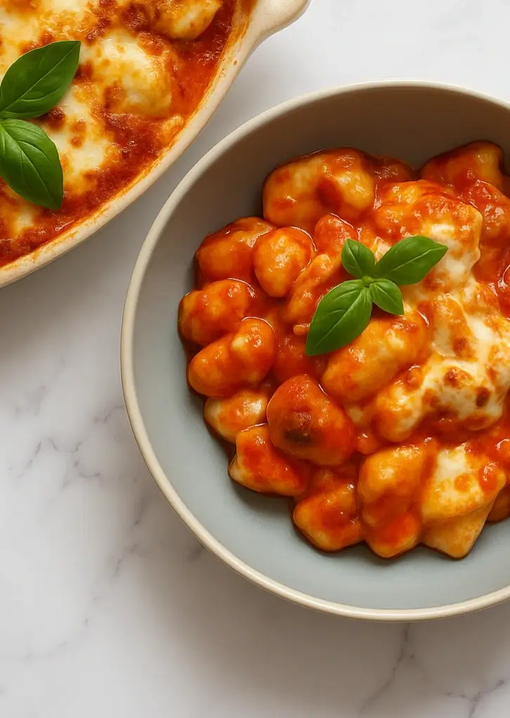Gnocchi alla Sorrentina in a bowl with melted mozzarella and basil