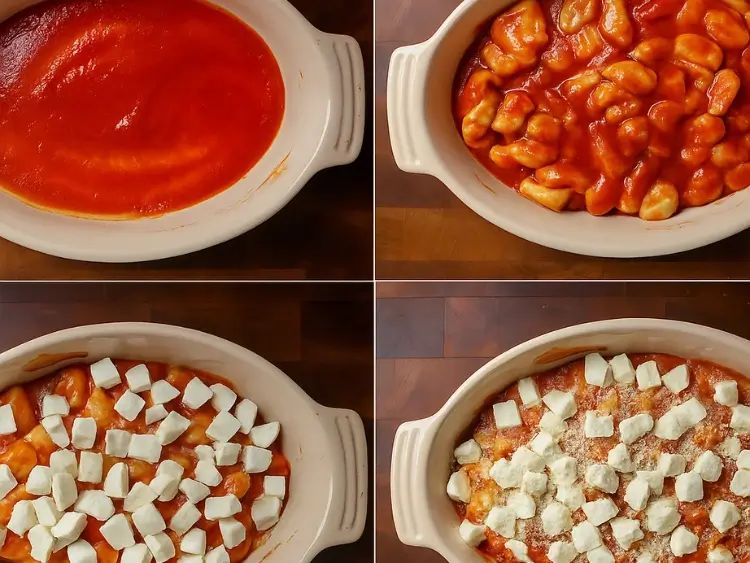 Step-by-step assembly of gnocchi alla Sorrentina in baking dish