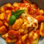Close-up of baked gnocchi alla Sorrentina with basil garnish