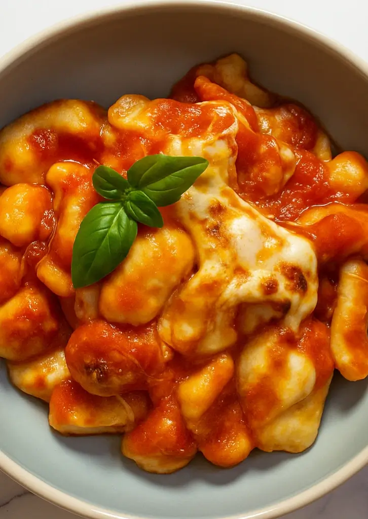 Close-up of baked gnocchi alla Sorrentina with basil garnish