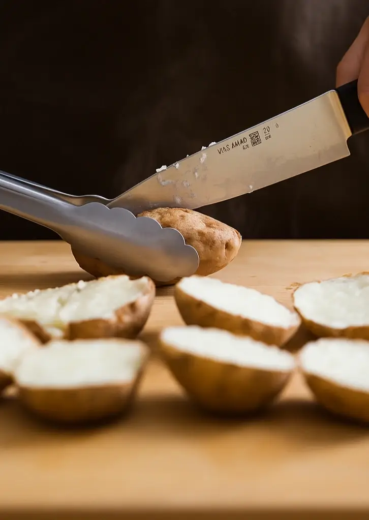 Slicing baked russet potatoes for gnocchi