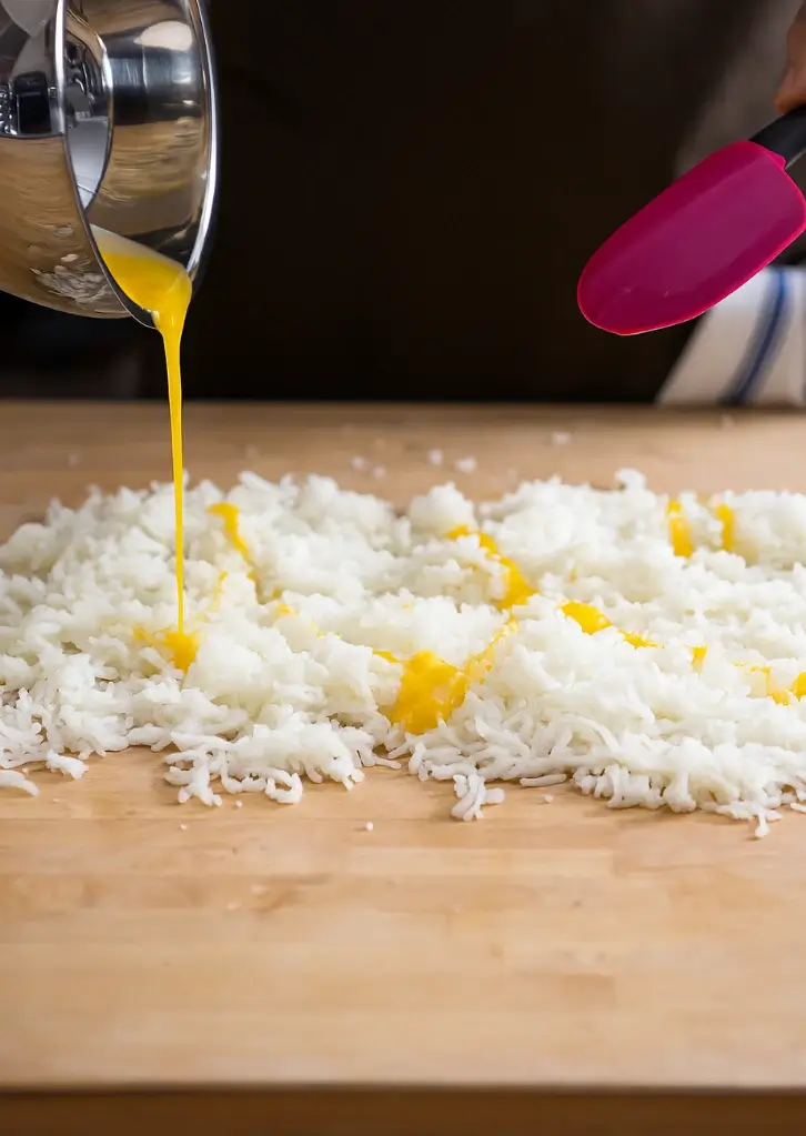 Mixing egg yolk into riced potatoes for gnocchi dough