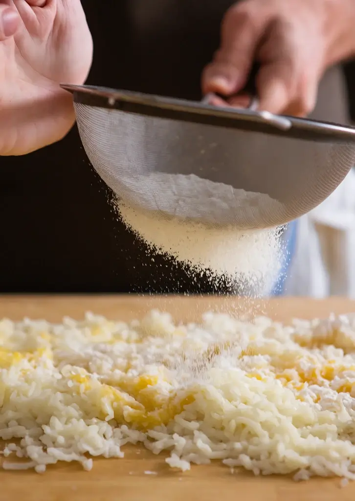Sifting flour over riced potatoes and egg yolk for gnocchi dough