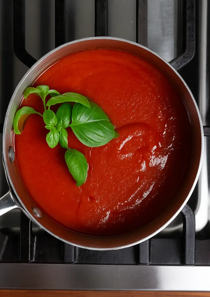 Tomato passata simmering with basil for gnocchi