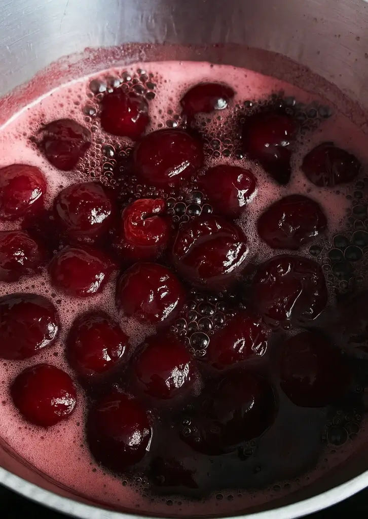 cherries simmering in syrup for homemade cherry syrup